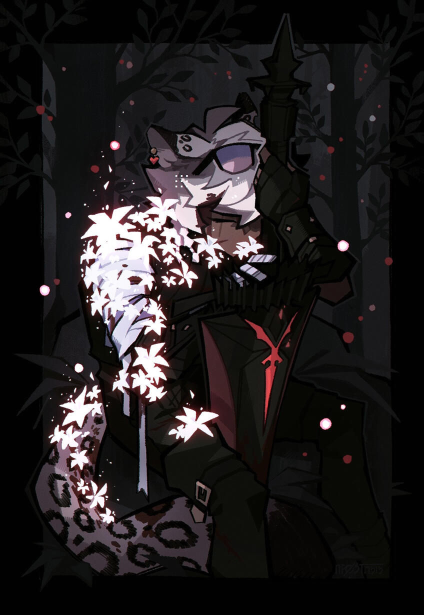 Commissioned illustration of a white haired miqo'te sitting on a rock resting, leaning against his greatsword. His eyes are closed and white lilies glowing red bloom from his wounds. Red fireflies linger around him and the forest behind him.