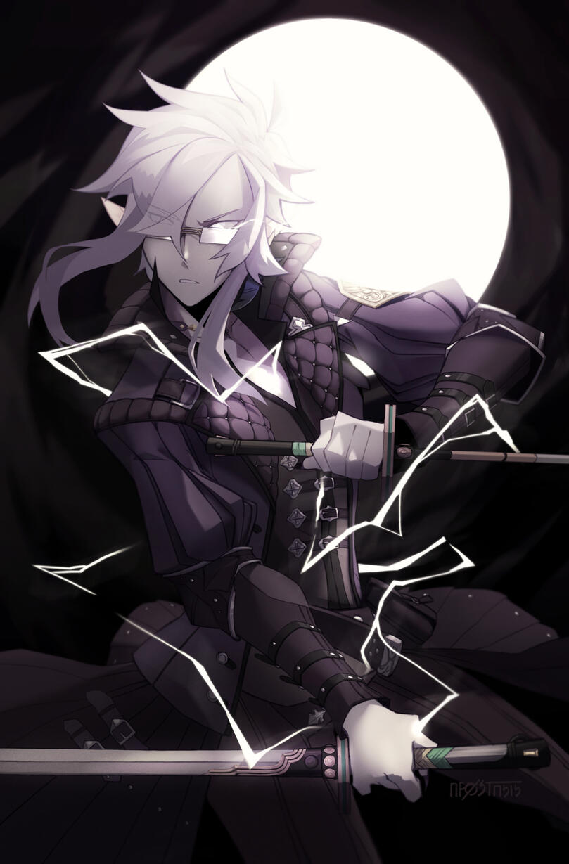 A commissioned illustration of a battle ready elezen. They look off to the side, dual blades poised as electricity arcs from their body.