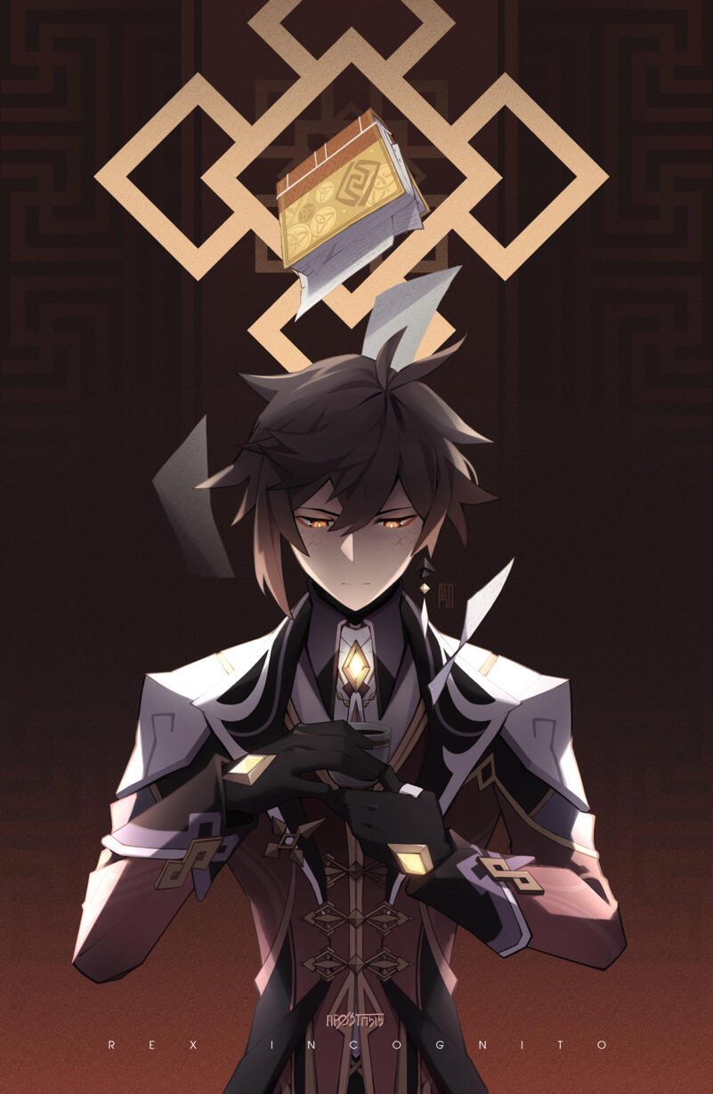 A front-facing, symmetrical illustration of Zhongli from Genshin Impact. He holds a cup of tea in his hands and looks down at it while the book 'Rex Incognito' floats above, its pages falling out around him.