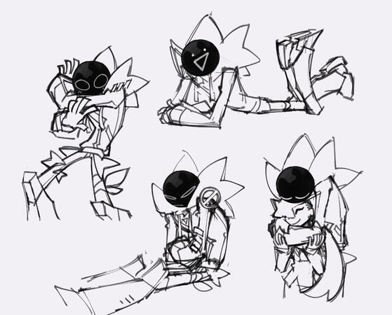A number of Itzi doodles. One has him with his arms out in front of him and flustered, one where he's sitting and pouting with his arms crossed, one where he's laying on his stomach and kicking his legs with a stupid happy kaomoji face, and one where he's