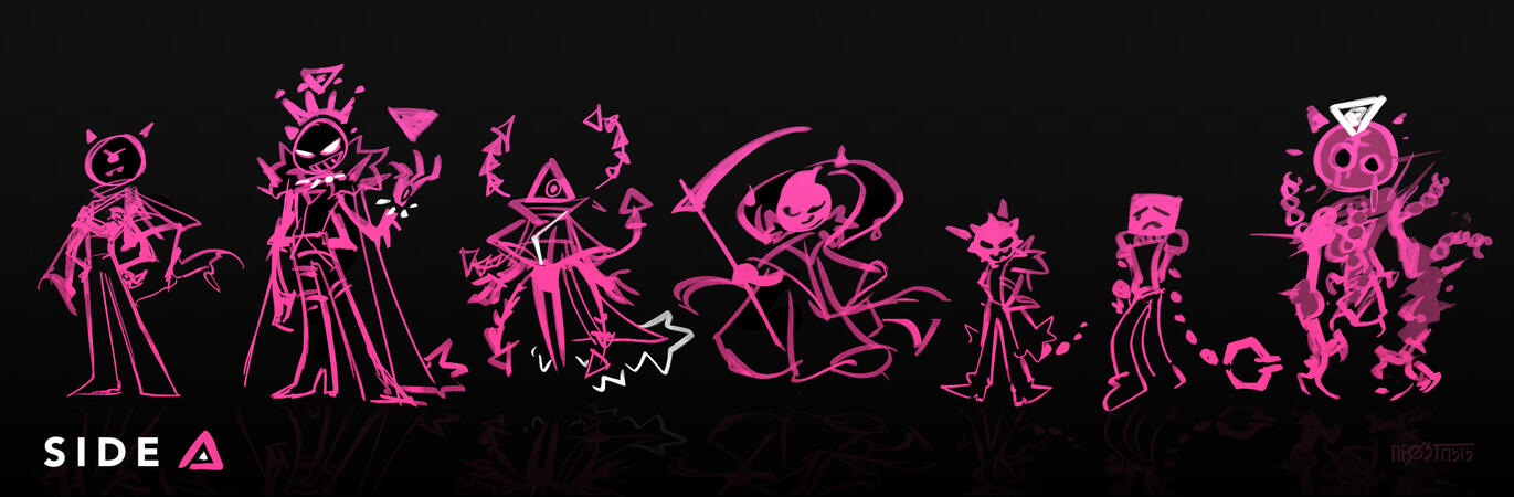 A 'Side A' lineup picturing object head designs of all the boss stage forms.