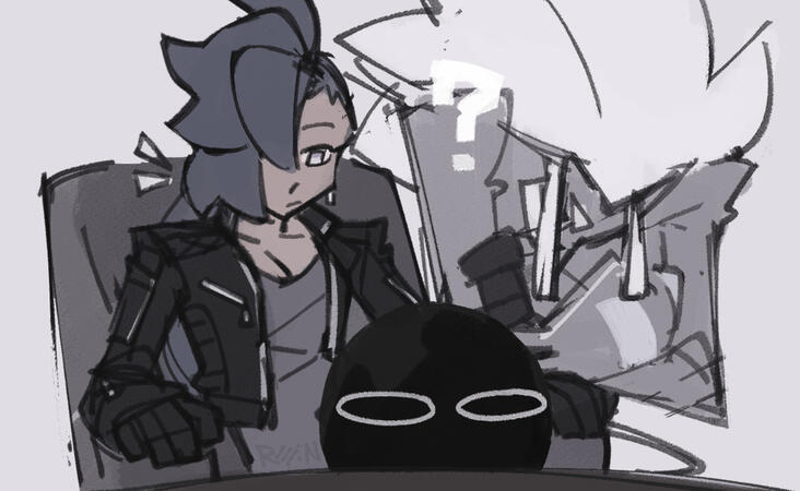 A doodle meant to resemble the orb pondering wizard meme. Forte sits back in a chair and stares down at Itzi's head on a table in front of her. Itzi just stares outward, but his headless body leans over behind her, arms crossed with a question mark project