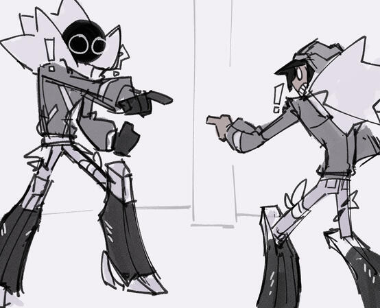 Doodle made to mimic the spiderman pointing meme, but it's Itzi and human AU Itzi pointing at each other.