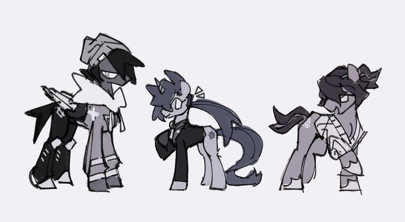 Drawings of Itzi, Forte, and Inos as a pegasus, unicorn, and earth pony respectively.