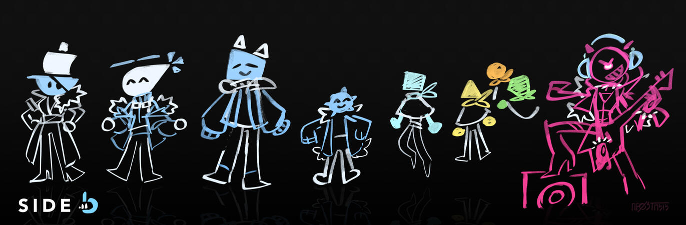 A 'Side B' lineup picturing object head designs of the boat, helicopter, big cube, a plant, the four player shapes, and the end credits Boss with a guitar.
