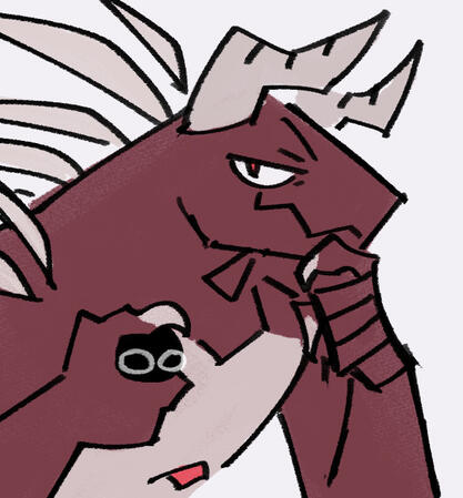 Doodle of big lizard Kal holding Iti in their hand like the dog from Tom and Jerry.