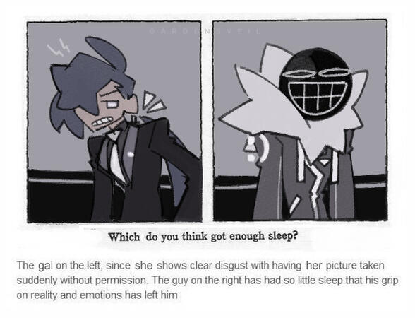 Redraw of a meme, with Forte looking annoyed on the left and Itzi giving a big weird smile on the right. Captioned: "Which do you think got enough sleep? The gal on the left, since she shows clear disgust with having her picture taken suddenly without perm